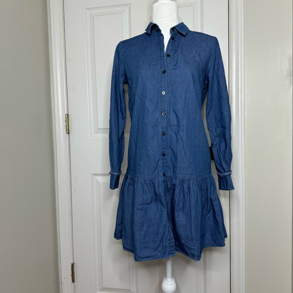 Draper James Blue‎ Chambray Denim Tulip Preppy Flounce Long Sleeve Shirt Dress 2